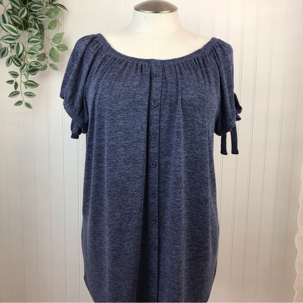 MyStyle Peasant Style Top Plus Size 1X Short Sleeves Bows Heather Blue Knit